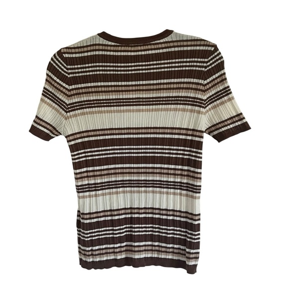 Djerf Avenue Knitted Short Sleeve Cardigan in Brown Stripe NWT Medium - Picture 2 of 10